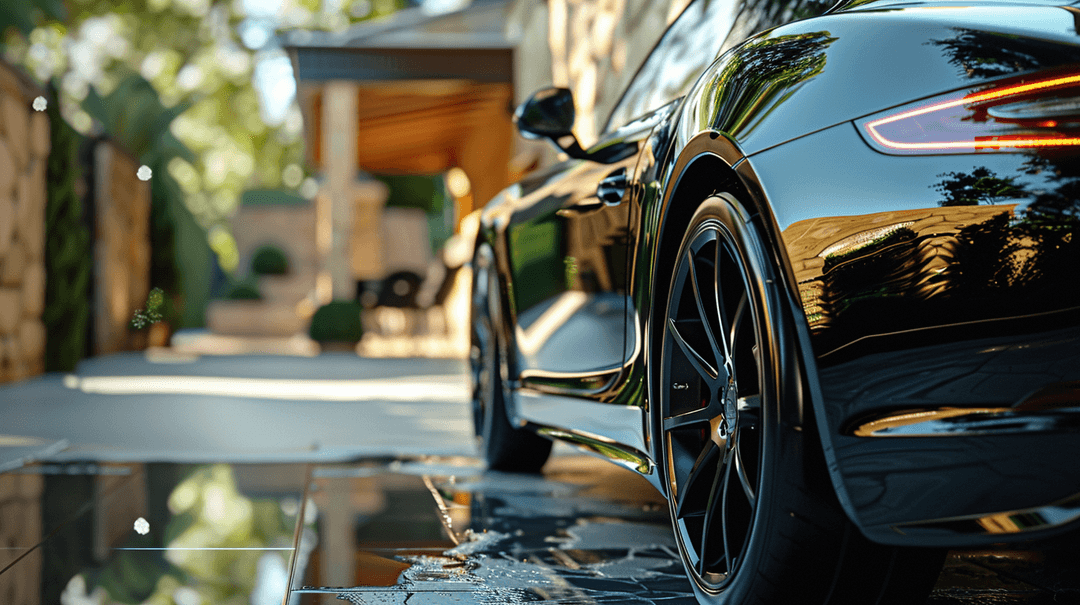 Exterior auto detailing results showing clean wheels, tires, and refined paint finish